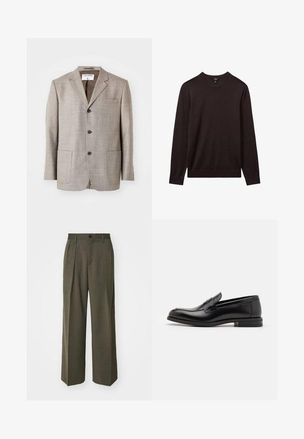 Világosbarna blézer, texturált anyagból, kihajtott gallérral, elülső gombokkal és két elülső zsebből áll. A címke felirata: "Filippa K."; Reiss Pulóver - dark bordeaux; Filippa K WIDE TROUSERS - Nadrágok - driftwood; Fekete bőr loaferek sima textúrával, kerek orral és dekoratív pánttal a vampnál. Alacsony, rétegelt sarkú, minimalista dizájn.