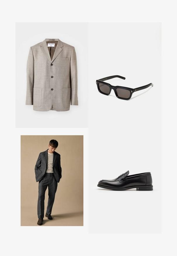 Ljusbrun kavaj med texturerat tyg, slagkragar, framknappar och två framfickor. Etiketten läser "Filippa K."; Grå långärmad skjorta med knäppning, bröstficka och knäppbar krage, liggande platt på en vit bakgrund.; Grå skräddarsydd kostym med spetsiga slag och framfickor, i kombination med en randig skjorta. Byxorna har en avslappnad passform och pressveck. Bruna skor.; Svarta läderloafers med en slät yta, rund tå och ett dekorativt band över främre delen. Låg staplad klack, minimalistisk design.; Svarta rektangulära solglasögon med mörka linser, tjock plastbåge, guldfinish på skalmarna och varumärkeslogotyp graverad på armen.