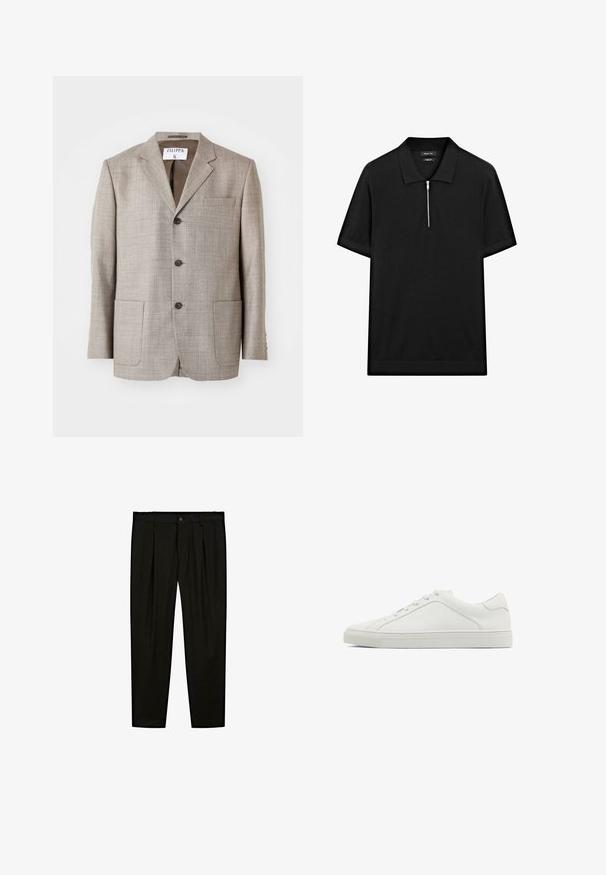 Světle hnědý blazer s texturovanou látkou, s klopami, předními knoflíky a dvěma předními kapsami. Štítek uvádí "Filippa K."; Černé polo tričko s krátkým rukávem, stojatým límečkem a předním zipem. Vyrobeno z hladké tkaniny s čistým, minimalistickým designem.; Černé oblekové kalhoty vyrobené z hladké tkaniny. Mezi další vlastnosti patří rovný přední díl, široké nohavice a zapínání na knoflík v pase.; Bílé kožené tenisky s kulatou špičkou, plochou podešví a minimalistickým designem. Mají šest dírek na šněrování a decentní švový detail na boku.