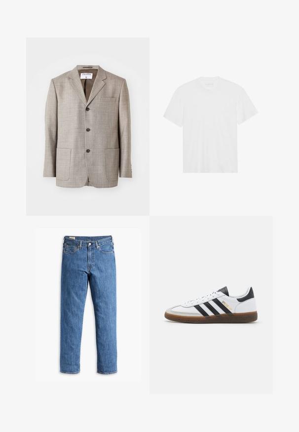Ljusbrun kavaj med texturerat tyg, slagkragar, framknappar och två framfickor. Etiketten läser "Filippa K."; Vit bomull t-shirt med kort ärm, rundad halsringning och rak nederdel. Slät textur, minimalistisk design utan mönster eller detaljer.; Blå denimjeans med rak benpassform, kopparnitar och femficksdesign. Har en sydd fåll och en klassisk midjeband med bälteshällor.; Vit lädersneaker med svarta mockadetaljer, tre svarta ränder, beige gummisula och guld "SPEZIAL"-logotyp på sidan.