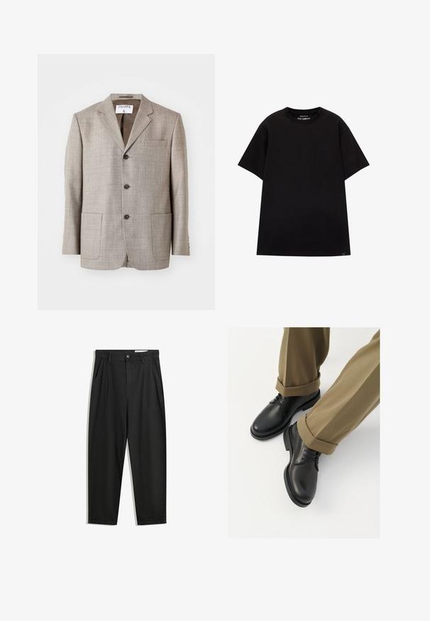 Világosbarna blézer, texturált anyagból, kihajtott gallérral, elülső gombokkal és két elülső zsebből áll. A címke felirata: "Filippa K."; PULL&BEAR JOIN LIFE - Basic póló - black; Fekete pamut nadrág laza szabással, klasszikus derékrésszel, elülső hajtásokkal és oldalsó zsebekkel. Simább textúra minta nélkül.; Fekete bőröntyös cipők sima felülettel, fűzővel és kerek orral, feltekerhető khaki nadrággal párosítva.
