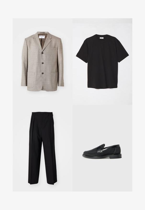 Svijetlosmeđi sako s teksturiranim materijalom, reverima, prednjim gumbima i dva prednja džepa. Oznaka glasi "Filippa K."; Crna pamučna majica sa okruglim izrezom, kratkim rukavima i opuštenim krojem. Jednostavan dizajn, glatka tekstura i bez vidljivih uzoraka ili logotipa.; Crne plisirane hlače s ravnim širokim nogavicama. Izrađene od glatkog materijala, s dugmadi za zatvaranje i petljama za remen.; Crne pletene cipele bez pertli s glatkim kožnim naglaskom na gornjem dijelu, s dizajnom okruglog nosa i niskoprofilnom gumenom đonom.