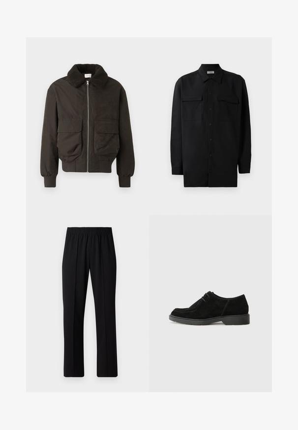 Ciemnozielona kurtka z teksturowanym, futrzanym kołnierzem. Posiada przednie kieszenie oraz zamek błyskawiczny. Wykonana z gładkiego materiału z prążkowanymi mankietami.; Czarna koszula z guzikami wykonana z gładkiego materiału, z klasycznym kołnierzykiem, dwoma przednimi kieszeniami i długimi rękawami z mankietami na guziki.; Czarne spodnie z elastycznym pasem o prostym kroju, z gładką strukturą i bez widocznych wzorów czy elementów metalowych.; Czarne zamszowe półbuty z okrągłym noskiem, kontrastującym przeszyciem oraz gumową podeszwą. Charakteryzują się minimalnym wiązaniem i gładkim fasonem cholewki.