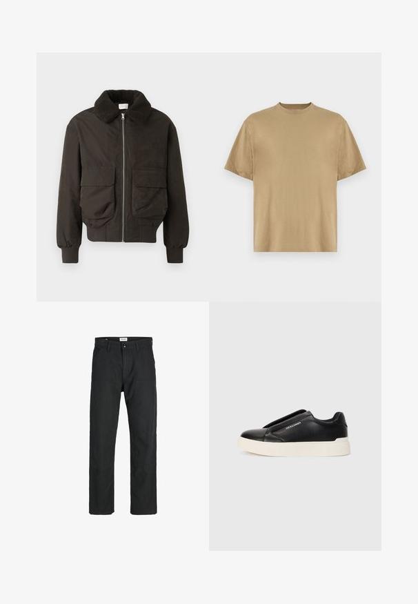 Jachetă verde închis cu un guler texturat și pufos. Are buzunare frontale și închidere cu fermoar. Confecționată dintr-un material neted cu manșete ribbate.; Tricou kaki cu mânecă scurtă, confecționat dintr-un material moale, având decolteu rotund și o croială lejeră. Fără modele sau grafice vizibile.; Pantaloni negri dintr-un material durabil, cu un design cu picior drept, accente cusute și două buzunare frontale pentru funcționalitate.; Tenis negri slip-on cu upper din piele texturată, talpă din cauciuc alb și fără șireturi vizibile. Prezintă logo-ul mărcii pe lateral.