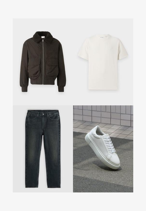 Dark green jacket with a textured, furry collar. Features front pockets and a zipper closure. Made from a smooth fabric with ribbed cuffs.; White short-sleeve T-shirt in a ribbed texture. Round neckline, relaxed fit, no visible patterns or accents. Simple and versatile design.; Dark blue denim jeans with a straight-leg cut, featuring five pockets, a zip fly, and contrasting stitching. Subtle fading on the fabric.; White leather sneaker with a smooth surface, round toe, and flat white laces. Features a textured rubber sole and minimal design elements.