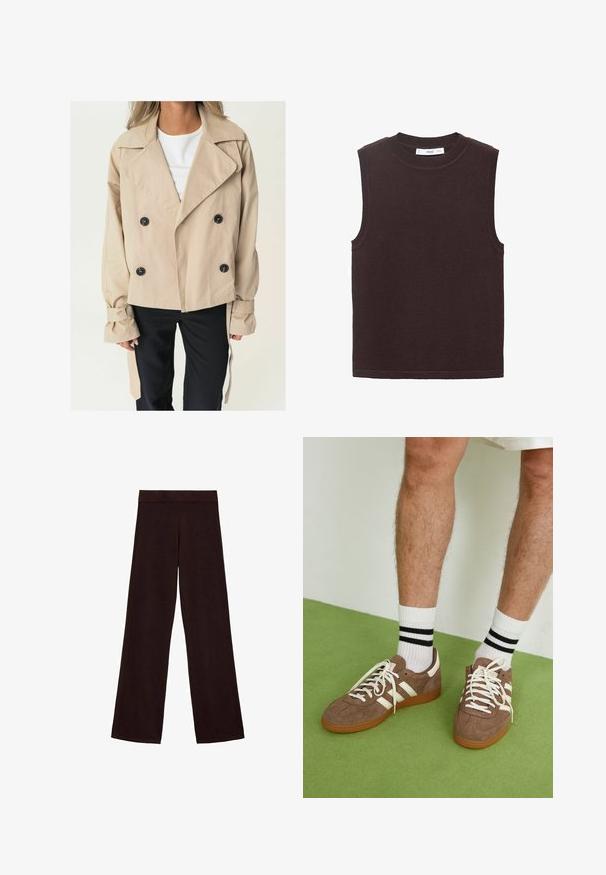 Trench coat beige doppiopetto con grandi bottoni neri, colletto a punta e polsini legati. Tessuto liscio con vestibilità comoda.; Maglione senza maniche in marrone scuro, realizzato in un morbido tessuto testurizzato. Presenta un collo rotondo e bordi a coste alle aperture delle maniche e all'orlo.; Pantaloni a gamba larga marroni realizzati in tessuto morbido, con una vita alta e una consistenza liscia, senza motivi o accessori visibili.; Sneaker in suede marrone con dettagli e lacci bianchi. Suola in gomma color gomma. Indossati con calzini bianchi con righe nere. Pavimento verde texturizzato.