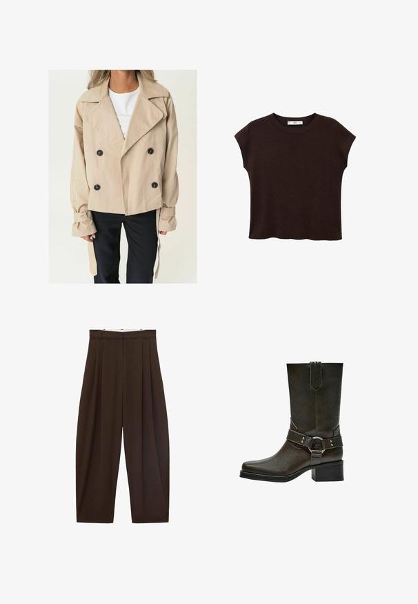 Bežani dvoslojni plašč s velikimi črnimi gumbi, s koničastim ovratnikom in zavezovanimi manšeti. Gladka tkanina s sproščenim krojem.; Rjava kratka majica s kratkimi rokavi in okroglim ovratnikom, izdelana iz teksturiranega materiala. Ima sproščen kroj in rahlo valovit rob. Čist, minimalističen dizajn.; Rjave hlače visoke pasu s pregibi, narejene iz gladkega materiala. Ohlapen kroj, ravne nogavice, z zankami za pas in zadrgo.; Rjave usnjene gležnjarje s kvadratnim nosom, kratko blokasto peto in dekorativno zaponko z srebrnimi dodatki. Gladka tekstura, preprost dizajn.