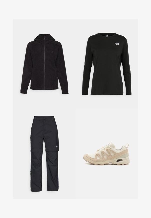 Mustad musta fliisjakki, millel on lukuga esiosa, pikad varrukad, kapuuts ja õrnalt tekstuuriline pind. Vasakul rinnal on väike logo.; Must mustahiheline T-särk, millel on pikad varrukad, valmistatud puuvillast ja ümarast kaelusest. Vasakul rinnal on väike valge logo. Lihtne disain ja sobivus.; Mustad nailonist valmistatud eemaldatavad cargo-püksid, reguleeritavate pahkluudega, mitmete taskutega ja paremal jalal logoga. Sile, kerge tekstuur.; Beež ja koobalti spordijalats tekstureeritud võrkkattega, toetavad ülemised kihid ja kummist tallaga, millel on mustriga joonistus haardeks.