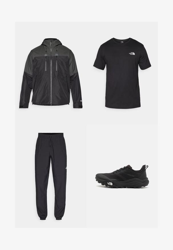 Juoda ir pilka vandeniui atspari striukė su kapišonu, priekiniais užtrauktukais, keturiais užtrauktukais uždarytomis kišenėmis ir Velcro reguliuojamais rankogaliais, skirta lauko naudojimui.; Juodas trumpas rankovės marškinėliai, pagaminti iš medvilnės, su apvaliu kaklu ir mažu baltu logotipu viršutiniame kairiajame krūtinės kampe.; Juodos sportinės kelnės, pagamintos iš lengvos medžiagos, su raišteliu liemens srityje, šoniniais kišenėmis ir siaurėjantys apykaklės prie kulkšnies.; Juoda bėgimo batai su tekstūruotu paviršiumi, guma padais ir sustiprinta pirštų dalimi. Yra paminkštinta apykaklė ir kilpos, leidžiančios lengvai užsidėti.