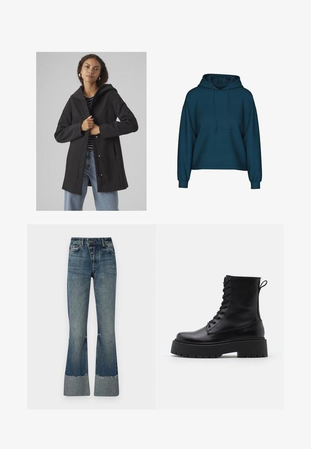 Melnā kapuce mēteli ar plūstošu dizainu, izgatavots no mīksta materiāla. Iespēja ar priekšējo aizdari, sānu kabatām un brīvu piegriezumu. Zem tā svītrainā augšdaļa.; Tirkīza krāsas pulovers ar kapuci, garām piedurknēm un ribotām aprocēm. Izgatavots no mīkstas auduma ar brīvu piegriezumu.; Denim flared bikses vidējā zilā krāsā ar augstu jostasvietu, piecām pogām un saplīsušu apakšmalu. Rūpīgi veidots, lai apakšā būtu gaišāka aproce un nodiluma faktūra.; Melni ādas potītēm zābaki ar apļveida purngalu, auklām priekšpusē un biezu gumijas zoli ar teksturētu protektoru. Velkšanas cilpa aizmugurē.