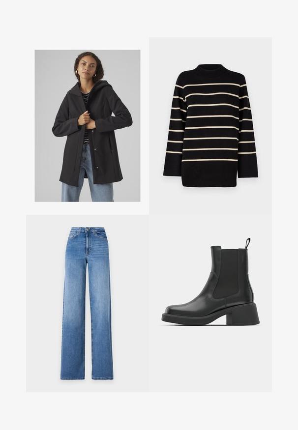 Crni kaputić s kapuljačom, pojednostavljenog dizajna, izrađen od mekanog materijala. Ima prednje zatvaranje, bočne džepove i opušteni kroj. Ispod se nalazi prugasti top.; Crna prugasta vunena majica s visokim izrezom, s horizontalnim krem prugama i širokim dugim rukavima. Izrađena od mekog pletenog materijala.; Svijetloplavi široki traperice izrađene od denima, s visokim strukom, prednjim džepovima i standardnim kopčanjem na dugme. Glatka tekstura.; Crne kožne gležnjače s elastičnim bočnim panelima, okruglim vrhom i debelim blok petama. Glatka tekstura s minimalističkim dizajnom.