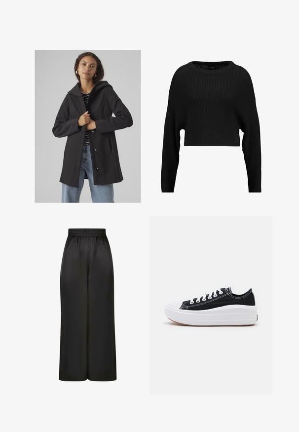 Czarny płaszcz z kapturem o opływowym kształcie, wykonany z miękkiego materiału. Posiada zapięcie z przodu, boczne kieszenie oraz luźny krój. Pod spodem pasek w paski.; Czarny, krótki sweter dzianinowy o luźnym kroju, szerokim dekolcie i długich rękawach, z teksturowanym, prążkowanym wzorem na całej powierzchni.; Czarne spodnie z szerokimi nogawkami, wykonane z gładkiego, błyszczącego materiału, z elastycznym pasem i bez widocznych kieszeni ani elementów metalowych.; Czarne płócienne tenisówki z białymi sznurowadłami, białą gumową czapeczką na palcach i masywną białą podeszwą. Mają subtelne białe przeszycia i gumową podeszwę.
