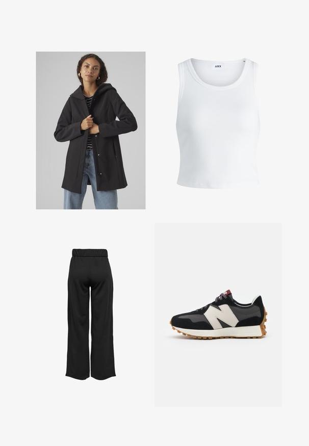 Musta huppari takki, jossa on virtaviivainen muotoilu, valmistettu pehmeästä materiaalista. Ominaisuuksiin kuuluu edestä kiinnitys, sivutaskut ja rento istuvuus. Raidallinen paita alla.; Valkoinen ribbattu hihaton toppi, jossa on pyöreä pääntie ja lyhyt malli. Tunnuslukuna lukee "JJXX". Sujuva kangas.; Mustat, leveälahkeiset housut, joissa on joustava vyötärö, valmistettu sileästä kankaasta. Ominaisuuksia ovat puhdas muotoilu ilman taskuja tai näkyviä ompelusaumoja.; Mustat ja harmaat mokkakenkä, jossa on suuri kermanvärinen "N"-logo, violetit nauhat ja teksturoitu kumipohja.