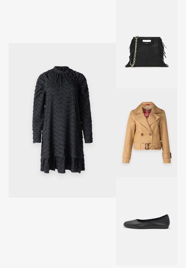 Kohvitooniga kahekordse nööbiga jakk, millel on laiad kraed, rihmaga talje, nööpdetailid ja plaadiline vooder, mis on nähtav krael. Sile kanga tekstuur.; Hofmann Copenhagen REESE - Päevakleit - black; Musthave mustika tantsutossud mustast nahast, ümmarguse varbaga, siledast tekstuurist, minimaalse õmblusdetailiga ja paindliku tallakujundusega.; Musta nahk käekott, millel on frantsiisid, kuldne ahelsanga ja lõigatud käepide. Esiosas on logot.