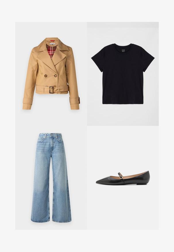Hnědý dvouřadý kabát s širokými klopami, páskem v pase, knoflíkovými detaily a kostkovanou podšívkou viditelnou na límci. Hladká textura látky.; Černé krátké rukávy tričko vyrobené z měkké bavlny. Klasický kulatý výstřih s jednoduchým, nezdobeným povrchem a volným střihem.; Světle modré džíny s širokými nohavicemi a vysokým pasem, které mají čtyři kapsy, zapínání na knoflík a jemné vyblednutí na látce.; Černé kožené baleríny s špičatou špičkou a bočním páskem, který má kulatý zlatý akcent. Lehká konstrukce s plochou podrážkou.