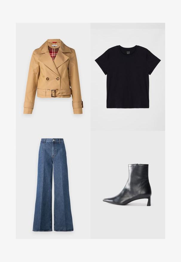 Brūna divkrūšu jakas ar platām atlokām, jostu viduklī, pogu akcentiem un karoga oderi, kas redzama apkaklē. Gluda auduma tekstūra.; Melns īsais krekliņš ar īsām piedurknēm, kas izgatavots no mīkstas kokvilnas. Klasisks apaļas kakla dizains ar vienkāršu, neizpušķotu virsmu un brīvu piegriezumu.; Platām kājām zili denim džinsi ar augstu jostasvietu, ar klasisko piecu kabatu dizainu un pogu aizdari, izgatavoti no teksturēta kokvilnas auduma.; Melnas ādas potītes zābaki ar norādītu pirkstu un elegantu dizainu. Iezīmē zemu papēdi un rāvējslēdzēja aizdari aizmugurē. Gluda tekstūra.