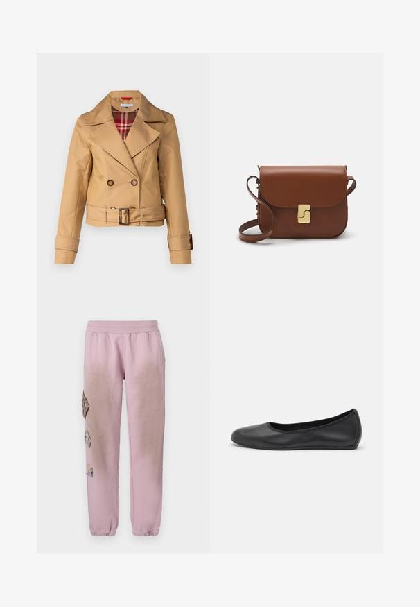 Veste double boutonnage beige avec de larges revers, taille ceinturée, accents de boutons et doublure en tartan visible au col. Texture de tissu lisse.; T-shirt blanc à manches courtes en tissu côtelé. Col rond, coupe régulière et détails de couture subtils. Aucune motif ni graphique.; Pantalon de survêtement rose avec une taille élastique, présentant des patches décoratifs en forme de diamant sur le côté gauche et des poignets élastiques aux chevilles.; Ballerines en cuir noir avec un bout rond, texture lisse, détails de couture minimalistes et design de semelle flexible.; Sac à main en cuir marron avec une fermeture à rabat, des accents en métal doré, une bandoulière et une texture lisse. Forme rectangulaire compacte.