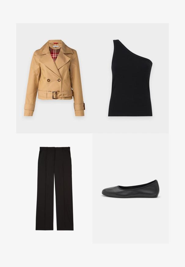 Giacca tan doppiopetto con ampi revers, vita con cintura, dettagli con bottoni e fodera a quadri visibile al colletto. Tessuto dalla texture liscia.; Canotta nera a costine con spalla scoperta, dal design aderente e texture morbida. Presenta un taglio pulito e minimal e un collare liscio.; Pantaloni neri su misura realizzati in un tessuto liscio, con un design a gamba dritta e due tasche laterali. Costruzione elegante e minimalista.; Pantofole da balletto nere in pelle con punta arrotondata, texture liscia, dettagli di cucitura minimi e design con suola flessibile.