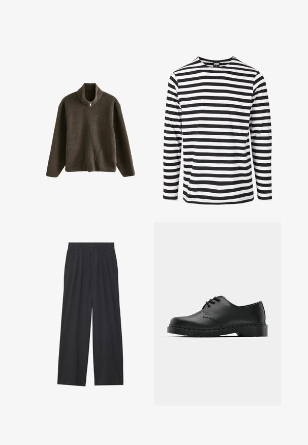 Ruskea fleece-takki, jossa on korkea kaulus, täysivetoketju ja sivutaskut. Rakenteellinen kangas näyttää pehmeältä ja ylelliseltä.; Mustavalkoinen pitkähiha stripe-paita, jossa pyöreä kaula-aukko, valmistettu pehmeästä kankaasta ja jossa on vaakasuoria, yhtä leveitä raitoja.; Suorat lahkeet valmistettu tummanharmaasta kankaasta. Ominaisuuksiin kuuluu laskokset vyötäröllä, muotoilu on siisti ja siluetti suora.; Musta nahkainen oxford-kengät, joissa on nauhakiinnitys, pyöreä kärki, litteä kumipohja ja hillitty ompelutaito yläosassa.