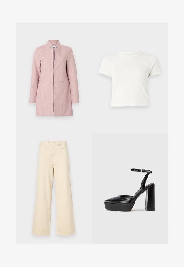 Casaco em mistura de lã de cor rosa claro, com design sem gola, mangas longas e dois bolsos frontais. Apresenta um corte reto e linhas limpas.; T-shirt branca curta feita de algodão, com mangas curtas, um decote redondo e uma bainha reta, apresentando uma textura suave e um design minimalista.; Jeans de perna larga bege feitos de algodão. Apresentam um fecho de botão, passadores para cinto e bolsos frontais com uma textura lisa e suave.; Saltos altos pretos com bico fino e atilho ajustável no tornozelo. Confeccionados em couro suave, apresentam um salto bloco robusto.