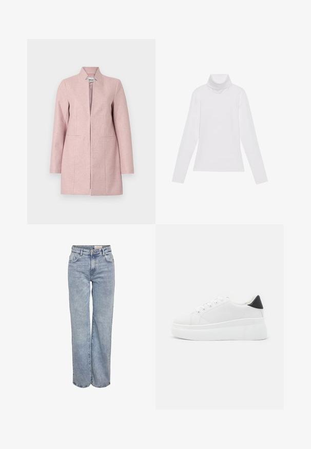 Šviesiai rožinės vilnos mišinio paltas be apykaklės dizaino, su ilgomis rankovėmis ir dviem priekinėmis kišenėmis. Turi tiesų kirpimą ir švarias linijas.; Baltas ilgomis rankovėmis turtleneko tipo marškinėliai, pagaminti iš lygaus, tamprus audinys. Yra aukštas apykaklė ir prisitaikantis dizainas, be matomų raštų ar papuošimų.; Šviesiai mėlyni plačios kojų džinsai, pagaminti iš džinsinio audinio, pasižymintys aukštu liemeniu, penkių kišenių dizainu ir subtiliu blukimu, kad atrodytų jau dėvėti.; Balti platforminiai sportbačiai, pagaminti iš lygios sintetinio audinio, su apvaliu pirštu, raištelių užsegimu ir tekstūruota guma padanga. Juodas kulno akcentas.