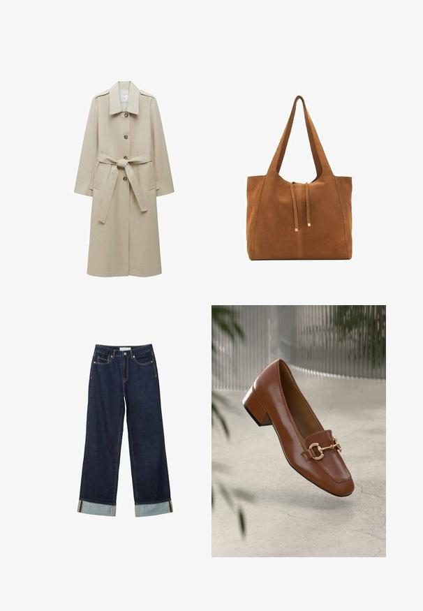 Béžový trenčkot vyrobený z hladkej látky, s klopovým golierom, prednými gombíkmi, opaskom na zaväzovanie a dvoma bočnými vreckami.; Mäkký béžový sveter s dlhým rukávom a okrúhlym výstrihom, s rebrovými rukávmi, spodným lemom a výstrihom, vystavený položený na bielom pozadí.; Tmavo modré široké nohavice s vysokým pásom, s manžetami, kontrastným šitím a dizajnom s piatimi vreckami. Vyrobené z denimu.; Hnedé lakované kožené loafers s hranatou špičkou, kovovým reťazovým akcentom a nízkym blokovým podpätkom; hladká textúra, minimalistický dizajn.; Hnedá semišová taška cez rameno s dvoma dlhými popruhmi, sťahovacou šnúrkou a minimalistickým dizajnom. Hladký povrch a žiadne viditeľné kovové doplnky.