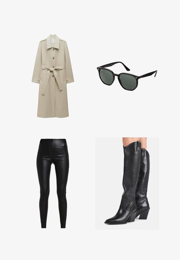 Beige trench coat made of smooth fabric, featuring a notched collar, front buttons, a tied waist belt, and two side pockets.; Gray knit sweater with a crew neck, long sleeves, and a soft texture. No prominent patterns or hardware details visible.; Black faux leather leggings with a high waist, form-fitting design, smooth texture, and no visible seams or embellishments.; Black leather knee-high boots with a pointed toe, curved shaft, and chunky heel. Features a smooth texture and pull tabs on the top.; Black sunglasses with rectangular frames, dark green lenses, and subtle silver accents on the outer corners of the frames.; Black woven tote bag with two handles, featuring a textured surface and a rectangular shape. Simple, unique design with no visible hardware.
