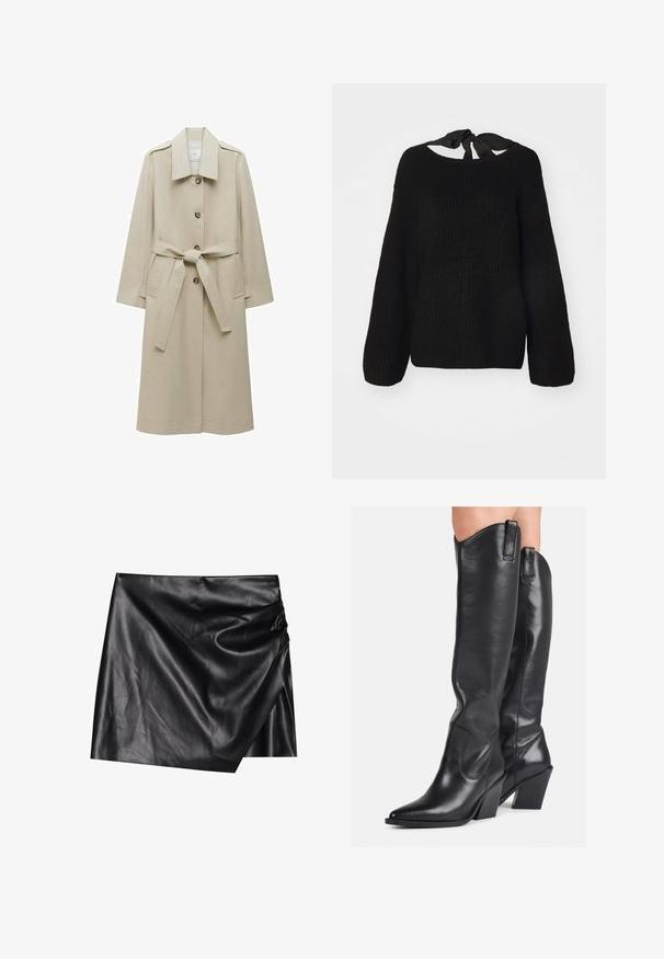 Béžový trenčkot vyrobený z hladkej látky, s klopovým golierom, prednými gombíkmi, opaskom na zaväzovanie a dvoma bočnými vreckami.; Čierny pletený sveter s dlhými rebrovanými rukávmi a širokým výstrihom. Na zadnej strane má látkovú šnúrku. Mäkká textúra a široký strih.; Čierna kožená mini sukňa s prekrývacím dizajnom, s jemnou, hladkou textúrou a decentnými záhybmi na jednej strane.; Čierne kožené čižmy po kolená s špicatou špičkou, zakriveným vývodom a robustným podpätkom. Majú hladkú textúru a pútka na vrchu.