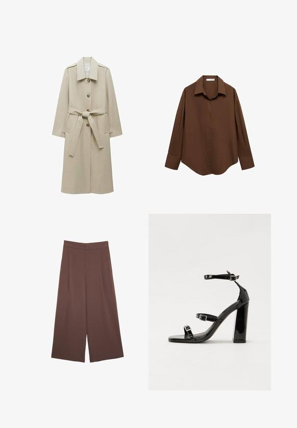 Bež plašč iz gladkega materiala, z izrezanim ovratnikom, sprednjimi gumbi, zavezanjem v pasu in dvema stranskima žepoma.; Mango Bluza z gumbi - brown; Rjave široke hlače z gladko teksturo, ki imajo visok pas in sprednje naborke. Tkanina je lahka in prosto pada.; Črne lakirane sandale s peto, kvadratnim prstom, trakovi okrog gležnja in srebrnimi zaponkami. Opremljene so s stabilno Debelo peto.