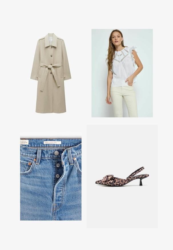 Beżowy płaszcz trenchowy wykonany z gładkiego materiału, z wyciętym kołnierzem, guzikami z przodu, paskiem w talii do związania oraz dwoma bocznymi kieszeniami.; Desires MATINE biały; Jasnoniebieskie dżinsy z prostym ściągaczem na kostce. Zawierają pięć kieszeni, dwa metalowe guziki oraz widoczne pomarańczowe szwy. Obecne metki.; Sandały na obcasie z noskiem w kształcie szpica, wykonane z materiału w panterkę, z ozdobną kokardą, z niskim czarnym obcasem i gładką teksturą.