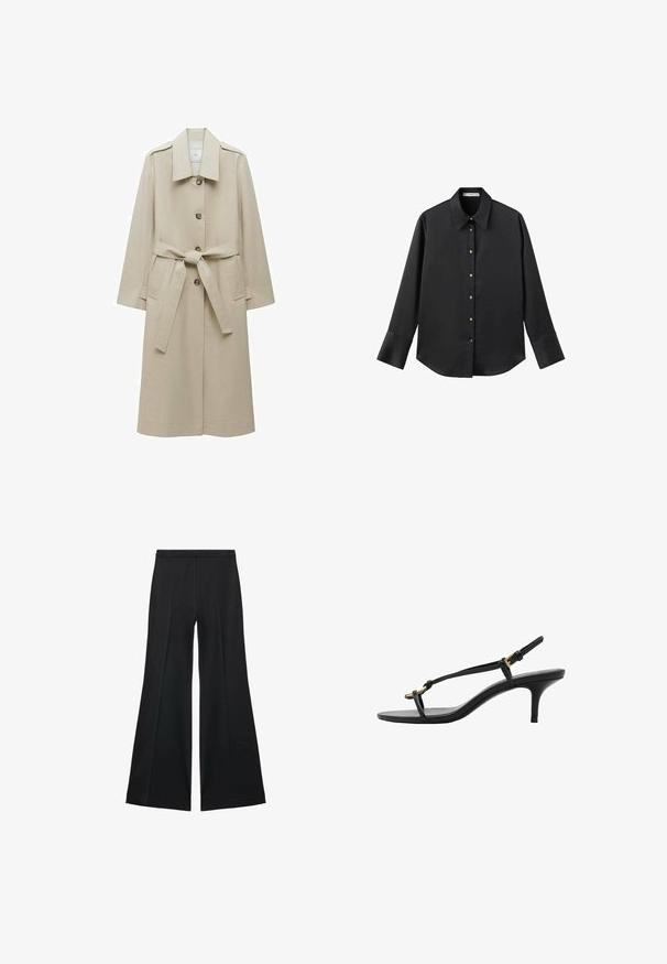 Beige trench coat i slät tyg med spetskrage, framknappar, ett knytbälte i midjan och två sidfickor.; Svart långärmad skjorta i mjukt tyg, med klassisk krage, framknäppning med knappar i guldton och breda manschetter.; Svarta vida byxor med en slät textur, med framfickor och skräddarsydd design. Tyget är lätt och flödande.; Svart lädersandal med kitten heel, tunna remmar, guldspänne och minimalistisk tåloop på en vit bakgrund.