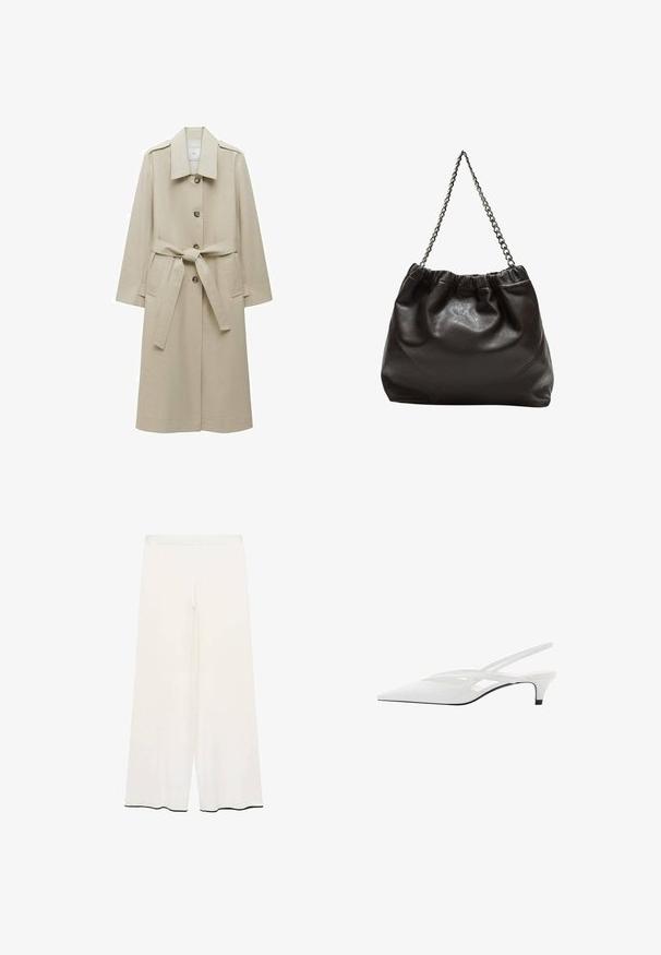 Béžový trenčkot vyrobený z hladkej látky, s klopovým golierom, prednými gombíkmi, opaskom na zaväzovanie a dvoma bočnými vreckami.; Biela krátkopsová tričko vyrobené z bavlny. Má okrúhly výstrih a voľný strih. Hladká textúra bez viditeľných vzorov alebo akcentov.; Široké nohavice z krémovej látky s hladkým povrchom. Majú čistý pás a čierny lem pozdĺž spodného okraja pre kontrast.; Biele slingback podpätky s špicatou špičkou, s hladkým zvrškom, jemnými výrezmi a nízkym blokovým podpätkom. Čierna podrážka zvýrazňuje dizajn.; Hnedá kožená taška so zberaným vrchom a reťazovým popruhom. Hladký povrch s lesklým finišom a jemným švom po stranách.