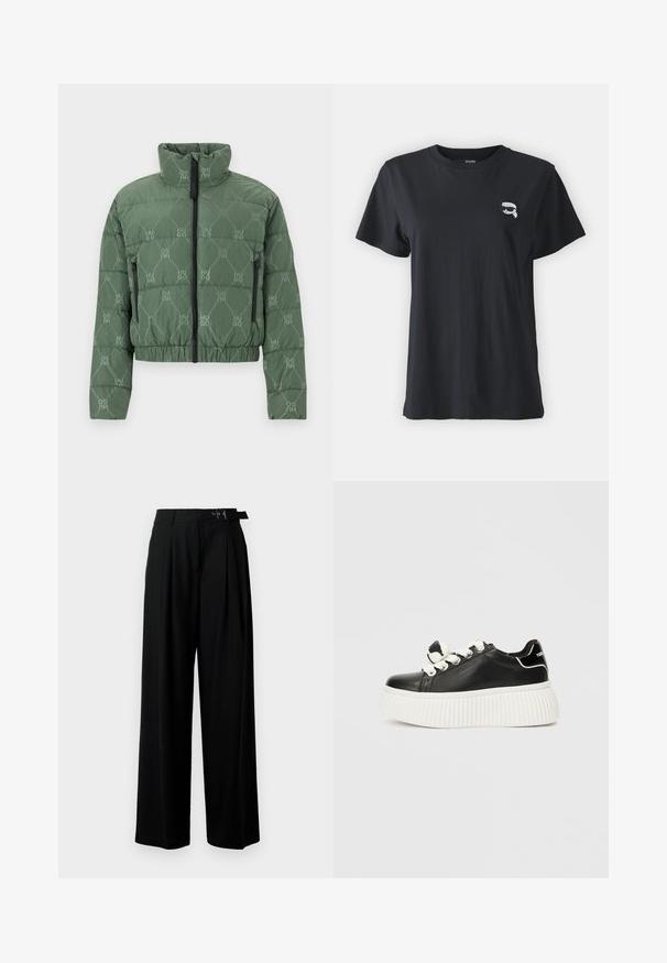 Veste en duvet matelassée olive, avec un col montant, des poches zippées et un motif logo sur toute la surface. Taille et poignets élastiques.; T-shirt en coton noir à manches courtes et col rond. Présente un petit motif blanc sur la poitrine. Texture lisse, coupe décontractée.; Pantalons larges noirs taille haute, avec des plis à l'avant et une ceinture avec une boucle. Conçus en tissu lisse et léger.; Baskets en cuir noir avec une épaisse semelle blanche côtelée, dotées de lacets blancs et d'un accent en nœud décoratif sur la languette.