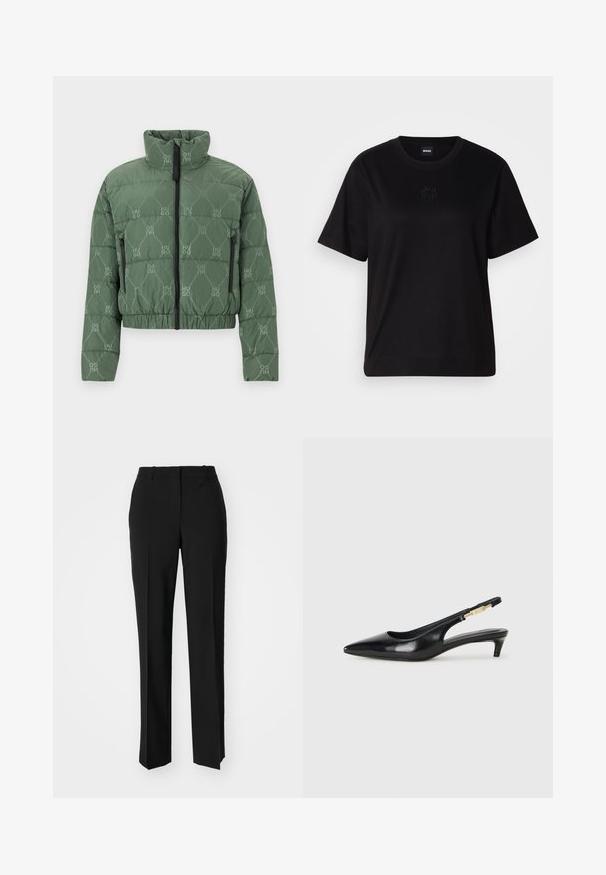Kootud puhvjakken oliivrohelises värvitoonis, millel on kõrge krae, vetthülgavad taskud ja läbiv logo muster. Elastne vöökoht ja mansetid.; Mustmust särk, millel on ümar kaelus, lühikesed varrukad ja tindiga tikitud logo rinnal. Lihtne, mugav lõige ilma mustriteta.; Mustad ja sirged püksid, millel on sile tekstuur ja teravad voldid esiosas. Ilma nähtavate detailideta.; Mustad nahast slingback kontsad terava ninaga, millel on õhuke konts ja kuldse tooni aktsent reguleeritaval rihmal. Sile tekstuur.