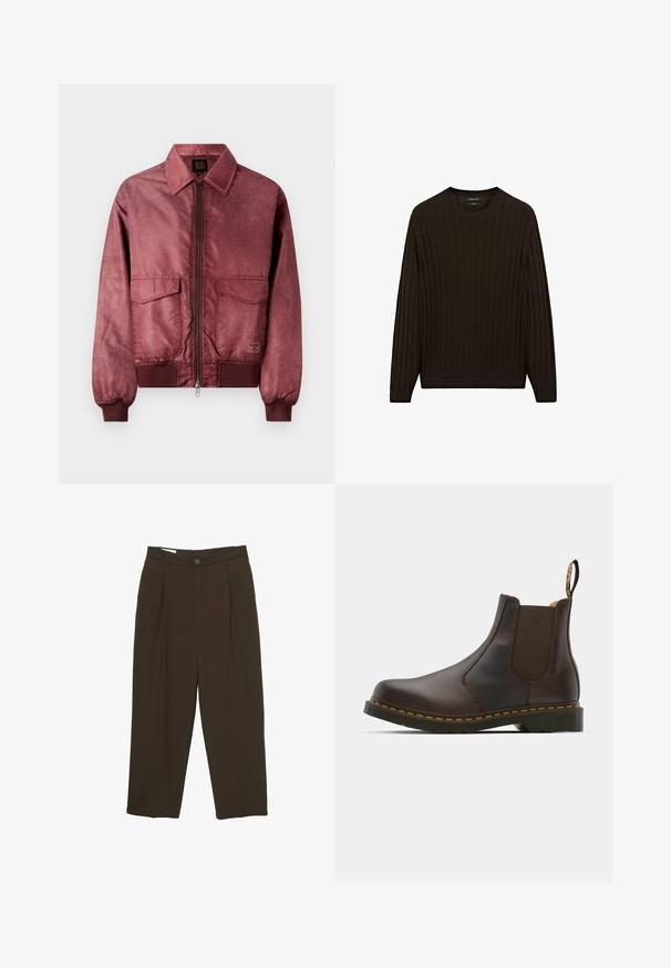 Bordeaux bomberjack met een ritsvoering, twee borstzakken, geribbelde manchetten en een gladde satijnachtige textuur. Kenmerkt zich door een klassiek ontwerp met kraag.; Bruine geribbelde trui met lange mouwen en een ronde hals. Heeft een gestructureerde stof en een strakke pasvorm bij de taille en de manchetten.; Donkere bruine op maat gemaakte broeken met voorplooien, riemlussen en een knoopsluiting in de taille.; Bruine leren Chelsea-boot met elastische zijpanelen, gestructureerde hak en contrasterende gele stiksels. Voorzien van een trekband voor gemakkelijk aan- en uittrekken.