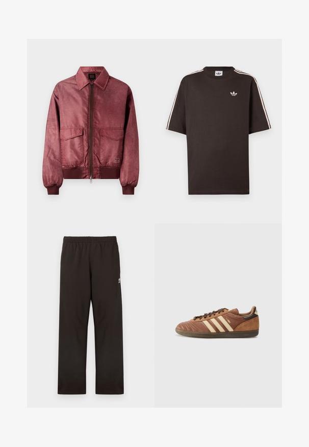 Burgundy-bombertakki vetoketjulla edessä, kahdella rintataskulla, ribbireunuksilla ja sileällä satiinimaiseen tekstuurilla. Klassinen kauluksellinen muotoilu.; Ruskea puuvillainen lyhythihainen t-paita, jossa valkoiset raidat hartioilla ja pieni valkoinen logo rinnassa.; Mustat collegehousut, joissa on joustava vyötärönauha, suora lahjemalli ja hillitty logokoriste sivulla. Valmistettu pehmeästä, sileästä kankaasta.; adidas Originals SAMBA UNISEX - Matalavartiset tennarit - preloved brown/sand strata/dark brown