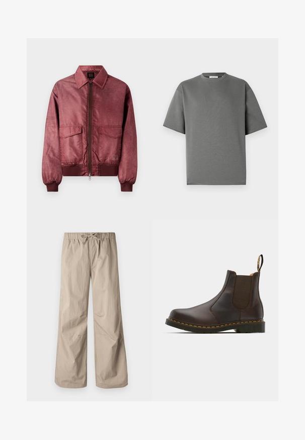 Burgundská bomber bunda se zipem vpředu, dvěma náprsními kapsami, žebrovanými manžetami a hladkou saténovou texturou. Disponuje klasickým límečkem.; Šedé tričko s krátkým rukávem vyrobené z měkké bavlny, s kulatým výstřihem a volným střihem s minimem švů.; Béžové kalhoty širokého střihu s elastickým pasem a stahovací šňůrkou. Hladký materiál, dvě boční kapsy a minimální švy pro uvolněný fit.; Hnědé kožené Chelsea boty s elastickými bočními panely, texturovaným podpatkem a kontrastním žlutým prošíváním. Mají poutko pro snadné obouvání.