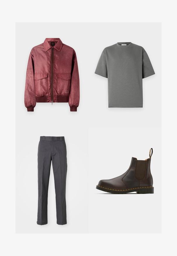 Bordový bomber s predným zipsom, dvoma náprsníkmi, ribbovanými manžetami a hladkým saténovým vzhľadom. Má klasický golier.; Šedé tričko s krátkym rukávom vyrobené z jemnej bavlny, s okrúhlym výstrihom a voľným strihom s minimálnymi švíkmi.; Tmavošedé nohavice vyrobené z bavlneného zmesi, s rovnými nohavicami, prednými vreckami a gombíkovým zapínaním v oblasti pásu.; Hnedé kožené Chelsea topánky s elastickými bočnými panelmi, textúrovaným podpätkom a kontrastným žltým prešívaním. Obsahujú pútko pre jednoduché obúvanie.