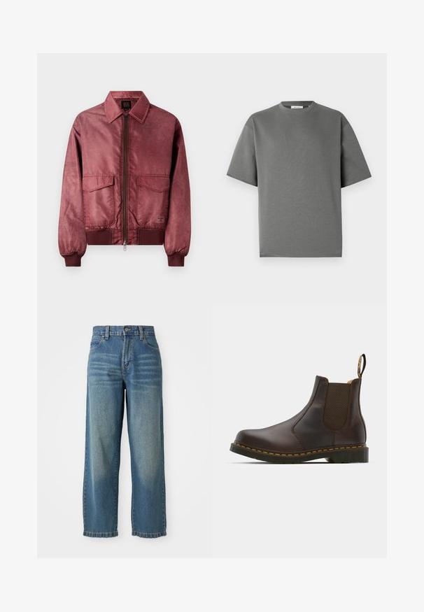 Burgundská bomber bunda se zipem vpředu, dvěma náprsními kapsami, žebrovanými manžetami a hladkou saténovou texturou. Disponuje klasickým límečkem.; Šedé tričko s krátkým rukávem vyrobené z měkké bavlny, s kulatým výstřihem a volným střihem s minimem švů.; Světle modré denimové kalhoty s širokými nohavicemi a vysokým pasem, pět kapsami a mírně vybledlým povrchem. Obsahují zapínání na knoflík a zip.; Hnědé kožené Chelsea boty s elastickými bočními panely, texturovaným podpatkem a kontrastním žlutým prošíváním. Mají poutko pro snadné obouvání.