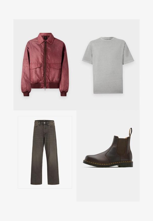 Casaco bomber burgundy com fecho à frente, dois bolsos no peito, punhos canelados e uma textura suave semelhante a satin. Apresenta um design clássico com colarinho.; T-shirt simples de cor cinza claro com mangas curtas e gola redonda, com bainha reta, exibida sobre um fundo branco.; Jeans de perna larga em denim cinza escuro, com cintura alta, design clássico de cinco bolsos e costura em contraste ao longo das costuras.; Bota Chelsea de couro castanho com painéis laterais elásticos, salto texturizado e costura amarela em contraste. Apresenta uma alça para facilitar o calçar.