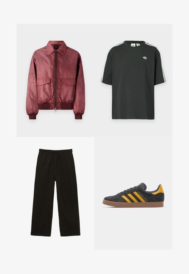 Burgundska bomber jakna s patentnim zatvaračem, dva džepa na prsima, rebraste manžete i glatku, satensku teksturu. Ima klasičan ovratnik.; Crna pamučna majica kratkih rukava, s okruglim izrezom i bijelim detaljima u obliku triju pruga na ramenima. Na prsima se nalazi mali bijeli logotip.; Crne široke hlače s elastičnim pojasom i vezicom, izrađene od mekanog rebrastog materijala.; Crne nubuk tenisice s žutim detaljima, sa tri pruge i smešnim gumenim potplatom. Imaju jastučić na jeziku za udobnost.