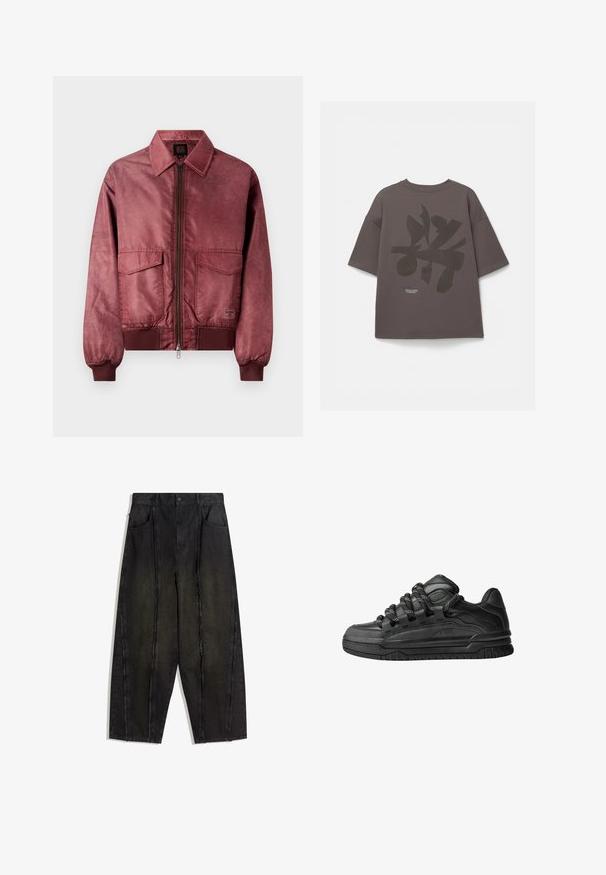 Burgundy bomberjacka med dragkedja framtill, två bröstfickor, ribbade ärmslut och en slät, satinliknande textur. Har en klassisk kragdesign.; Grå oversized t-shirt med korta ärmar, med en stor mörk tryckdesign på baksidan och en liten textdetalj nära fållen.; Svarta vida jeans med synliga sömmar och fransiga kanter, med två framtida fickor och högmidjad design.; Svarta sneakers med ovandel i slät läder, texturerade detaljer och runda svarta och vita snören. Tjock gummisula med ett mönstrat mönster.