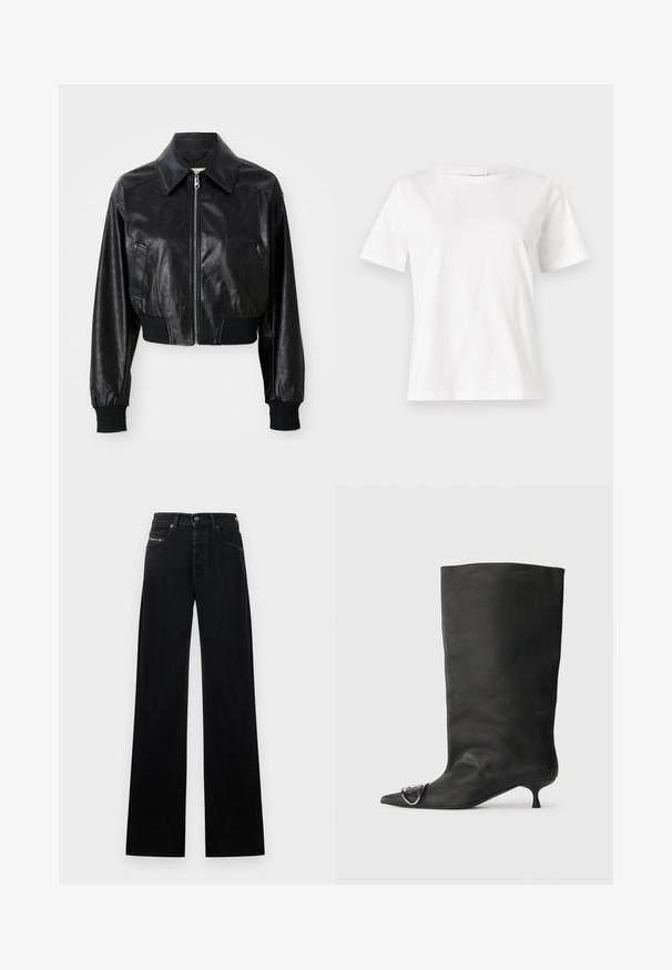 Čierna kožená skrátená bunda s vykrojeným golierom, zipsom a elastickými čiernymi manžetami a lemom. Obsahuje bočné vrecká.; Biela bavlnená tričko s krátkymi rukávmi, okrúhlym výstrihom a voľným strihom. Hladká textúra, bez vzorov alebo akcentov, minimalistický dizajn.; Čierne džíny s širokými nohavicami z denimu, s predným zapínaním na gombíky, piatimi vreckami a malou logo nášivkou na páse.; Čierna kožená členková topánka s špicatou špičkou, malým podpätkom a kovovým akcentom na špičke. Hladká, matná textúra po celom povrchu.