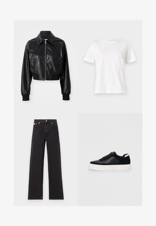 Casaco em pele preta, cropped, com colarinho pontudo, fecho de zip e punhos e bainha elásticos na cor preta. Apresenta bolsos laterais.; T-shirt de algodão branco com mangas curtas, decote redondo e um corte descontraído. Textura suave, sem padrões ou detalhes, design minimalista.; Jeans de perna larga pretos feitos de denim, apresentando uma cintura alta, estilo de cinco bolsos e um fecho em botão de metal com costura contrastante.; Sapatilha preta com painéis de pele lisa e camurça, atacadores planos, bico arredondado e sola de borracha branca. Logótipo distinto no calcanhar.