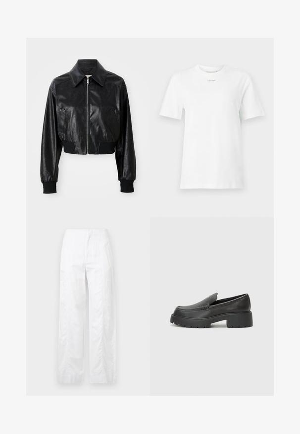 Giubbotto corto in pelle nera con colletto appuntito, chiusura con zip e polsini ed orlo elasticizzati neri. Presenta tasche laterali.; T-shirt bianco in cotone con colletto rotondo, maniche corte e un piccolo logo nero "Calvin Klein" sul petto. Design semplice, senza motivi.; Pantaloni bianchi a gamba larga realizzati in tessuto leggero, con una texture liscia, linee pulite e un design a vita alta.; Mocassini in pelle nera con punta arrotondata, suola spessa e testurizzata, e minime cuciture. Design elegante senza lacci o parti metalliche visibili.