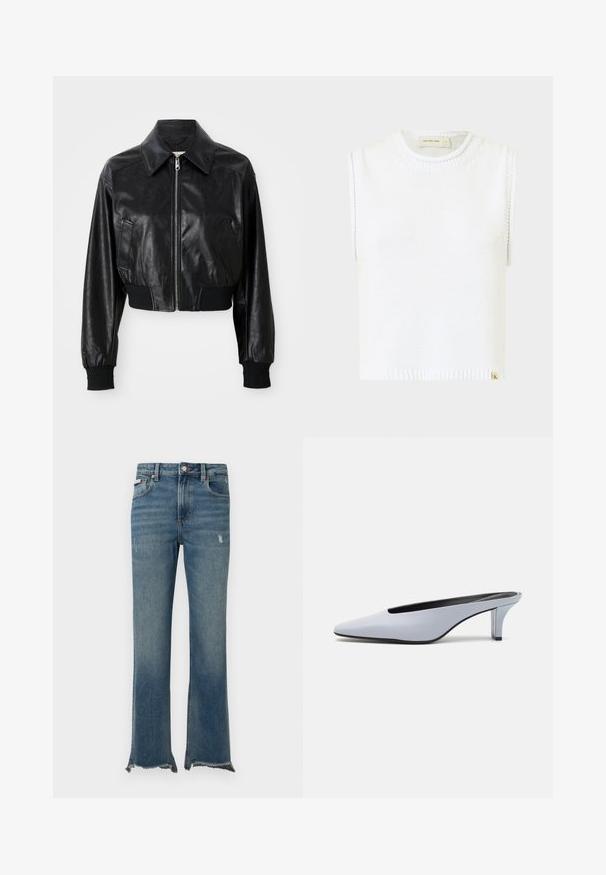 Svart skinnjakke med kort lengde, spiss krage, glidelås og elastiske svart mansjetter og kant. Har sidelommer.; Hvit ermeløs strikket topp med rund halslinning, ribbet kant og sidesøm detaljer; har et lite merketag nederst.; Blå denimjeans med lett slitasje, rå frynsete kanter, frontlommer, beltestropper og knappelukking.; Lys blå patentlær mule med spiss tå, lav gjennomsiktig hæl og en elegant design med utskjæring på vampen.