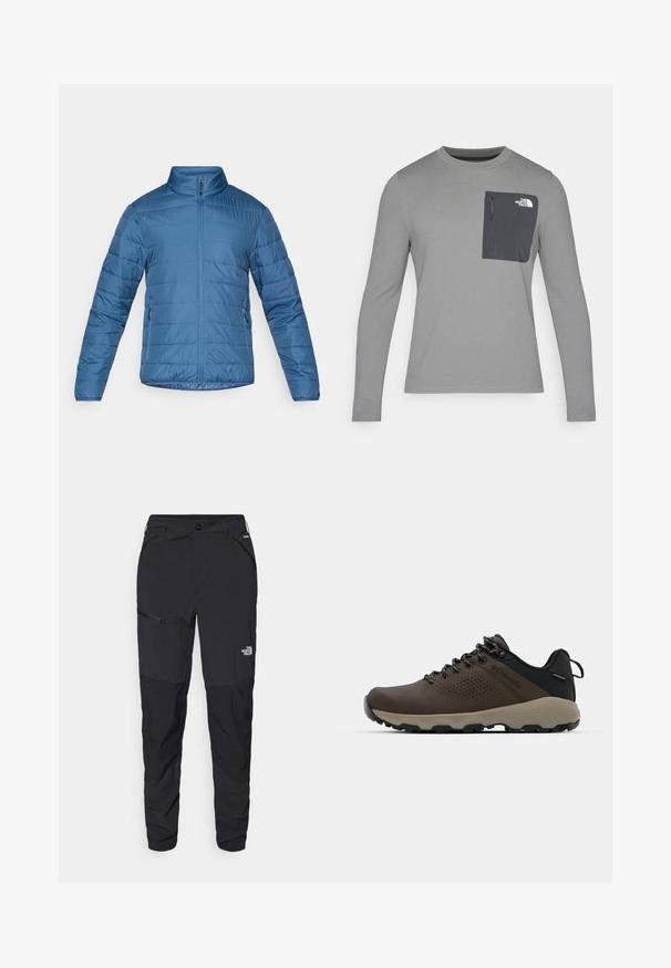 Blå isolerad jacka med ståkrage, framdragkedja och sidofickor. Har sydda horisontella linjer för struktur.; Långärmad grå skjorta i texturerad tyg, med en mörkgrå bröstficka och dragkedjestängning. Logotyp på fickan i vitt.; Svarta utomhusbyxor med tapered fit, tillverkade av hållbart material. Har fickor med dragkedja och subtil logotyp på framsidan av benet.; Bruna vattentåliga sneakers med en strukturerad ovandel, perforerade detaljer, svart hälstöd och en grå gummisula. Snörningen har metalliska ändar.