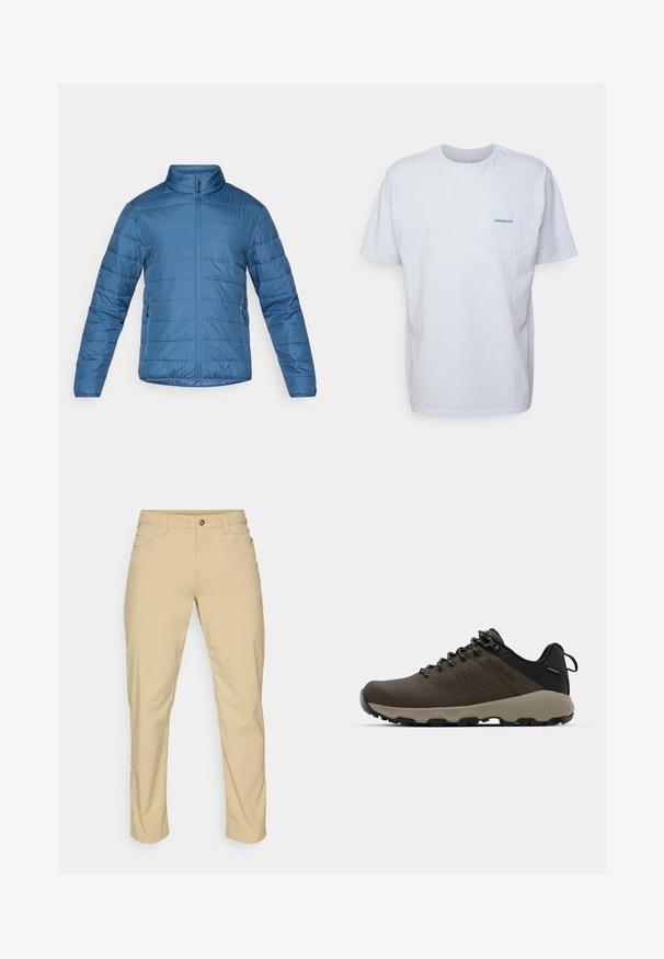 Mėlynas izoliuotas švarkas su stojančia apykakle, priekiniais užtrauktukais ir šoniniais kišenėmis. Yra siūtos horizontalios linijos, suteikiančios tekstūrą.; Balta medvilninė marškinėliai su trumpomis rankovėmis, apvaliu kaklu ir kairėje krūtinės pusėje esančia kišenėle, turinčia mėlyną "Patagonia" logotipą. Klasikinis siluetas su lygiu paviršiumi.; Patagonia QUANDARY PANTS - Lauko kelnės - classic tan; Rudi nepralaidūs sportbačiai su tekstūruota viršutine dalimi, perforuotomis detalėmis, juodu kulno palaikymu ir pilku guminio padu. Šniūreliai yra dekoruoti metaliniais galais.