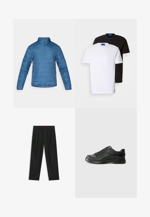 Blå isoleret jakke med standkrave, frontlynlås og sidelommer. Har syede vandrette linjer for tekstur.; To T-shirts stablet: en hvid og en sort. Korte ærmer, runde halsudskæringer, stof af bomuld. Har et lille blåt logo ved halsudskæringen.; Sorte bukser med plisseret design, bred benform og en glat tekstur. Har et rødt taljetag.; Sorte lædersneakers med tekstureret overdel, polstret krave og rødt logo-detajle. Har en tyk gummisål med tydeligt mønster.