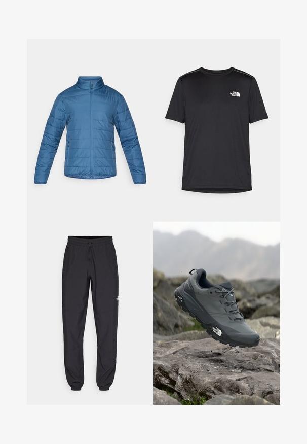 Zila izolētā jaka ar stāvošu apkakli, priekšējo rāvējslēdzēju un sānu kabatām. Iespējotas šuvju horizontālās līnijas, lai piešķirtu tekstūru.; Melnas īsām piedurknēm T-kreklas, izgatavots no viegla auduma. Uz kreisā krūtīm ir neliels balts logo un smalki plecu akcenti.; Melni sporta bikses, kas izgatavotas no viegla auduma, ar savelcamu jostu, sānu kabatām un sašaurinātiem apakšējiem galiem pie potītēm.; Pelēki skrējēju apavi ar teksturētu virsu, izturīgu gumijas zoli un pastiprinātu pirkstu daļu. Iekļauj šņores un zīmola logo sānos.